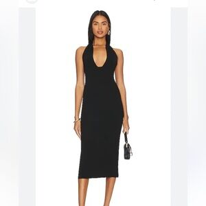 WeWoreWhat Black Halter Plunge Midi dress